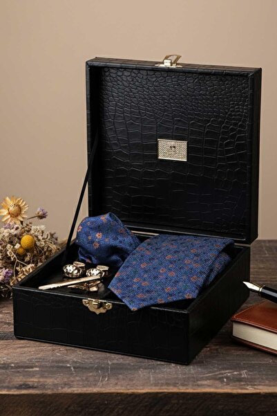 Kravatkolik Black Men's Gift Box - Tie with Handkerchief Cufflinks Tie Clip Kmk73
