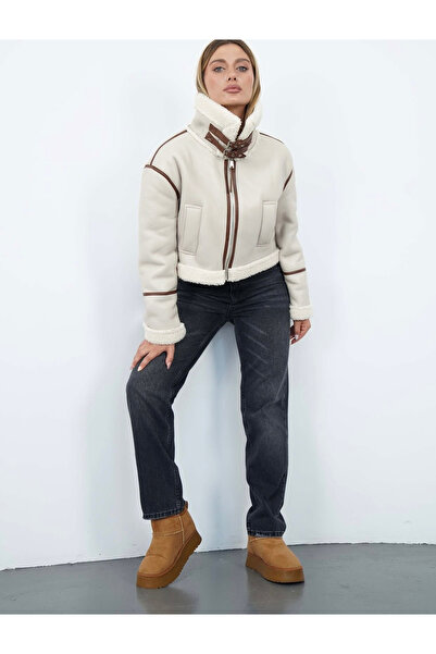 studio fashion 1988 Women's Stone Piped Laminated Leather Crop Coat with Belt and Fur Inside