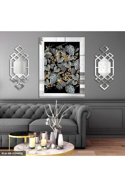 Evinemoda Gri Tonlarda Yaprak 3 Parça Gümüş Pleksi Aynalı Yan Dekorlu Tablo