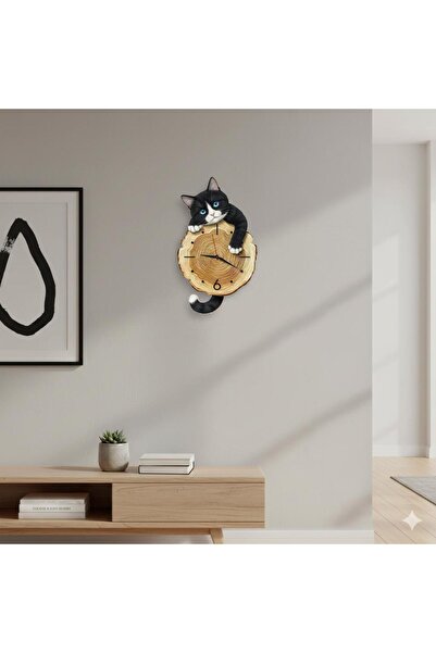 CajuArt Kütük Üzerinden Bakan Smokin Kedi Tasarımlı Duvar Saati Modern Dekoratif Saat
