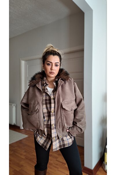 MADAMMERY Women's Fur Bomber Jacket with Detachable Collar and Pockets