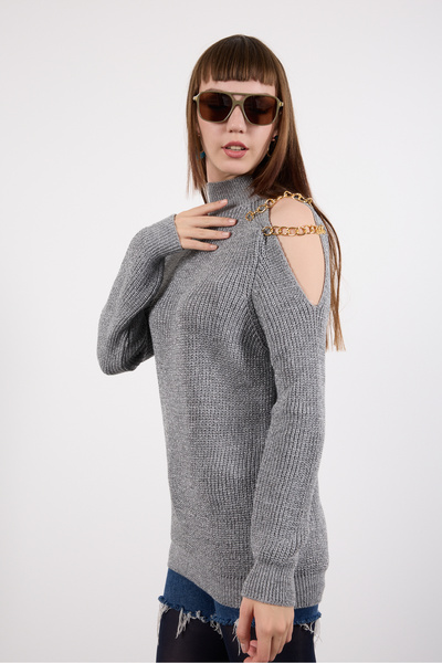 Moda Days Women's Gray Chain Detailed Off-Shoulder Half Turtleneck Silvery Knitwear Sweater