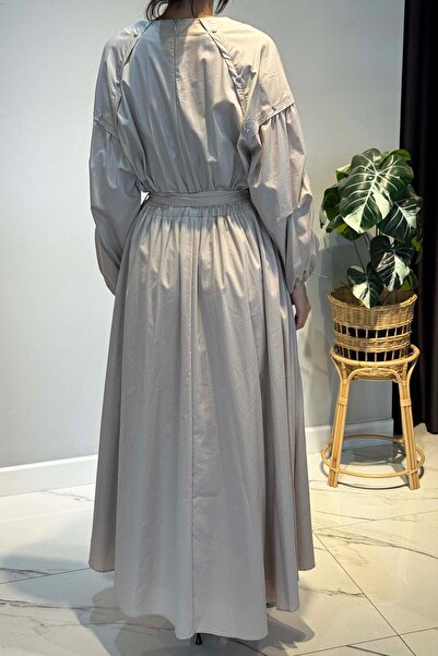 Ceremony Paper Touch Dress with Folded Sleeves, Drawstring Detail, Elastic Waist 5747 Stone