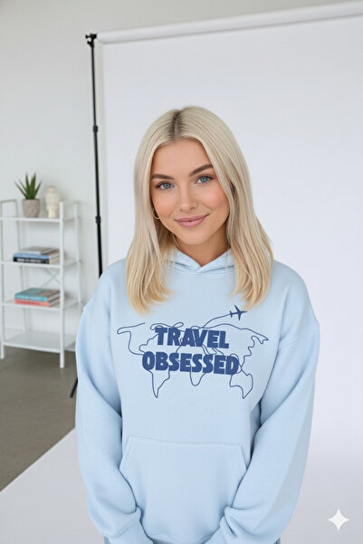 dwnwear Hanorac pentru femei/unisex Travel Obsessed cu imprimeu Relaxed cu glugă