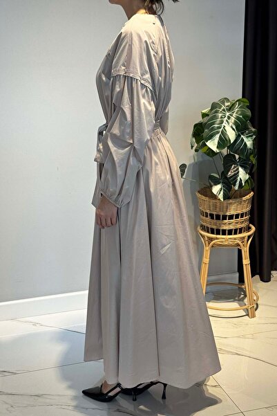 Ceremony Paper Touch Dress with Folded Sleeves, Drawstring Detail, Elastic Waist 5747 Stone