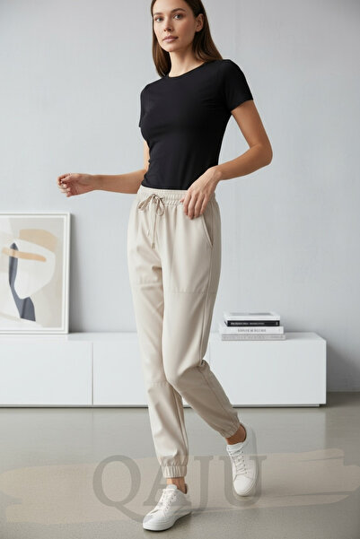 Qaju Stone Color Leather Pants with Tie-Up Waist and Knee Seam Detail