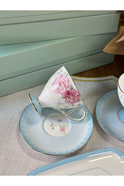 MD MİMOZA DEKOR Turkish Coffee Cup Veronica Azure 2 Person Set 6 Pieces / Turkish Delight Holder / Snack Holder