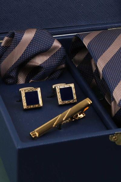 Kravatkolik Navy Blue Men's Gift Box - Tie with Handkerchief Cufflinks Tie Clip Kmk71