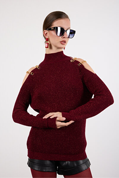 Clothes Fast Women's Burgundy Chain Detailed Off-Shoulder Half Turtleneck Silvery Knitwear Sweater