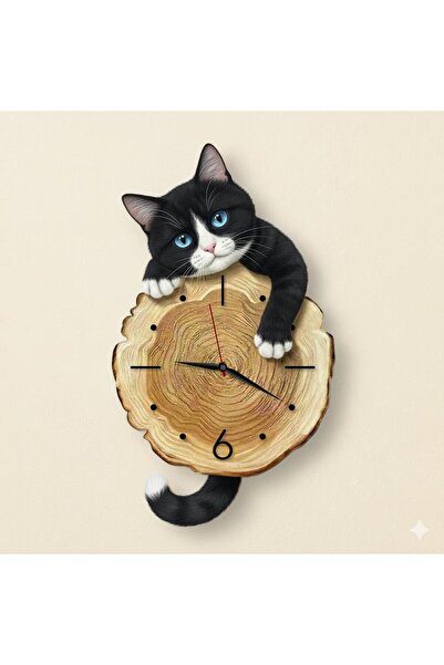 CajuArt Kütük Üzerinden Bakan Smokin Kedi Tasarımlı Duvar Saati Modern Dekoratif Saat