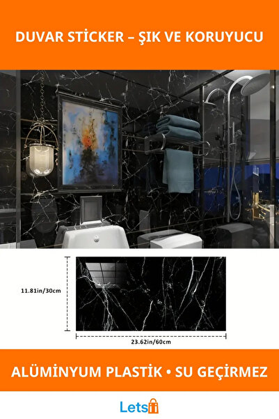 Letsii ملصق حائط من البلاستيك الألومنيوم المقاوم للماء بنمط الرخام الأسود