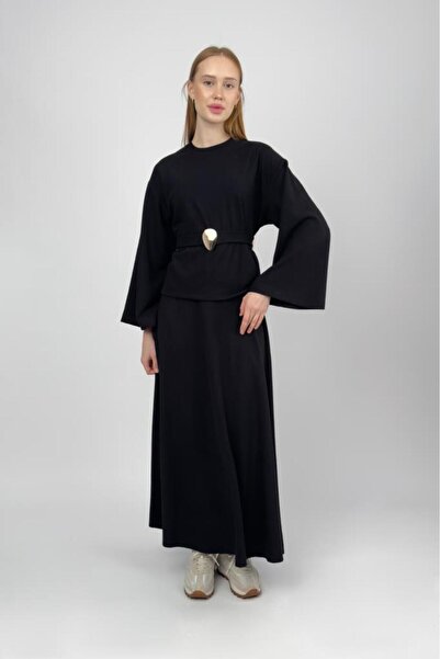 Betimoda Women's Corded Fabric Half Fisherman Belted Skirt Suit Black