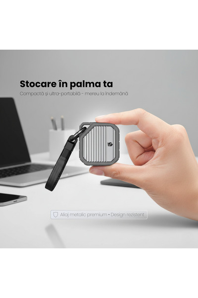 AresShield Rack SSD Armor Gri – Carcasă Externă NVMe M.2 2230, USB-C 10Gbps, Anti-Șoc, 2TB