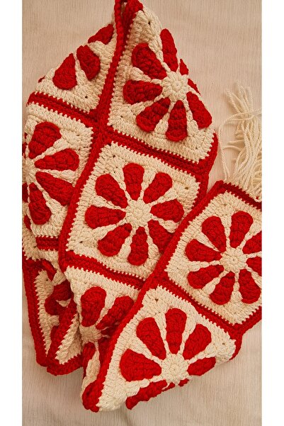 EHF LifeStyle RETRO ÇİÇEK EL ÖRGÜSÜ KIRMIZI BEYAZ MOTİF ATKI