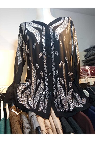 MODA Taşlı Düğmeli Penye Bluz Kolu Tül Detaylı