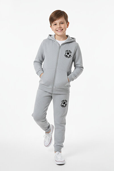 FYK KİDS Σετ αθλητικής φόρμας για αγόρια K με κουκούλα με λεπτομέρεια εκτύπωσης χειμερινού ποδοσφαίρου με φερμουάρ με 3 νήματα