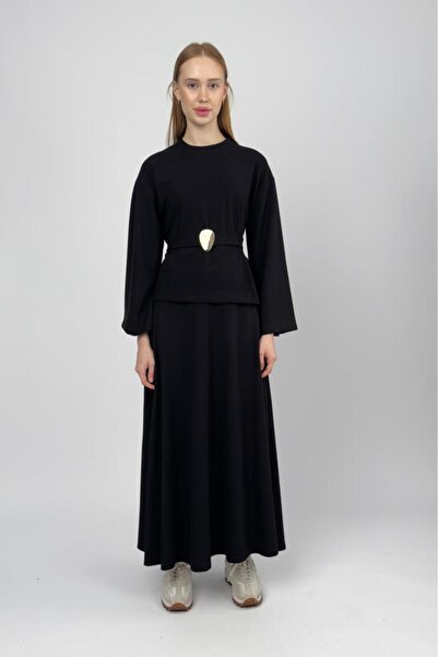 Betimoda Women's Corded Fabric Half Fisherman Belted Skirt Suit Black