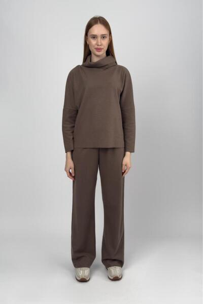 Betimoda Women's High Neck Knit Sweater Pants Set Brown