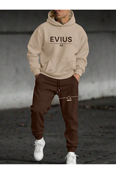 EVIus Hooded Logo Printed 100% Cotton Full Winter Complete Fleece-Lined Oversized Tracksuit Set