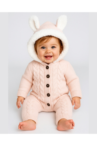 asliva Kız Bebek Şeker Pembe Triko Tulum – Peluş Astarlı Kapüşonlu Kışlık (6-...