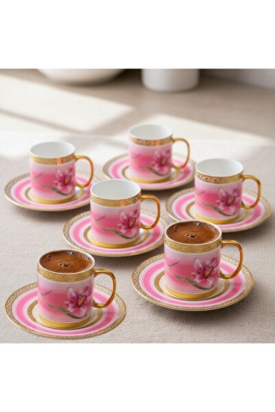 FAIR HOME Tulip Pink Color Flower Figured Porcelain Coffee Cup Set for 6 Peop...