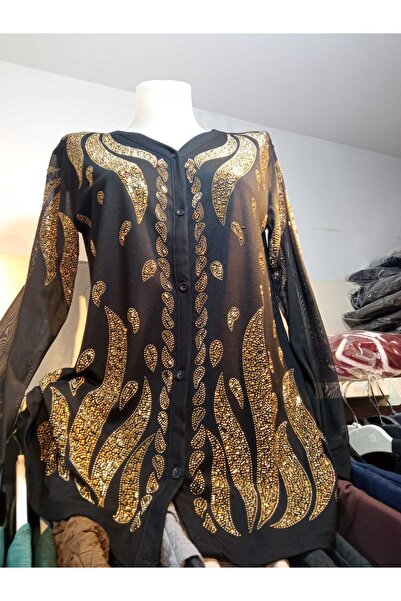MODA Taşlı Düğmeli Penye Bluz Kolu Tül Detaylı