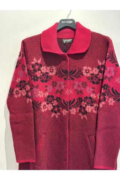 Desen Triko Women's Peter Pan collar Ivy Floral Long Wool Coat Burgundy