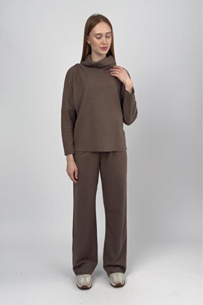 Betimoda Women's High Neck Knit Sweater Pants Set Brown