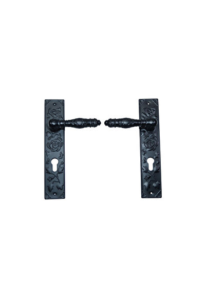 EmaConstruct Black handles with escutcheon for metal doors/gates, floral design, 85 mm centers