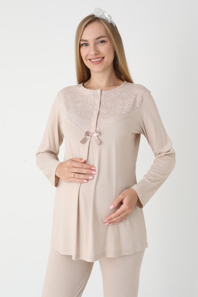 Lohussa Women's Beige Lace Detailed Special Design Long Sleeve Maternity Pajama Set 3-Piece Set