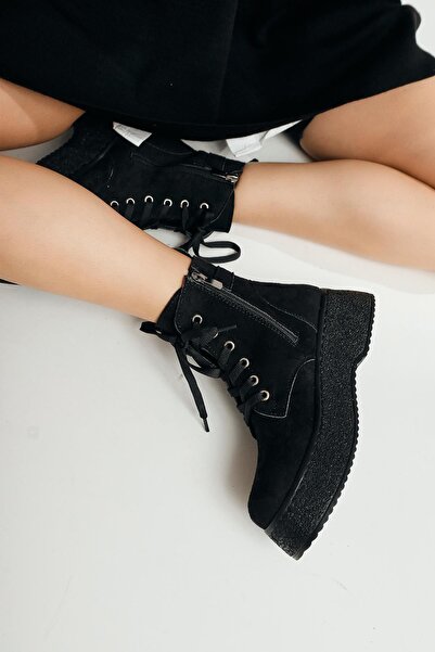 Hayalimdeki Ayakkabı Γυναικείες μπότες με κορδόνια με φερμουάρ στο πλάι Μαύρη θερμοαντιολισθητική σόλα