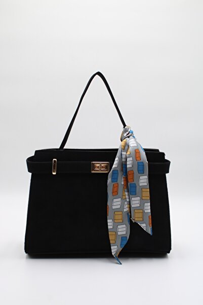 LASSO Kadın Siyah Süet Fularlı Kemer Kilit Detaylı El, Kol ve Omuz Çantası