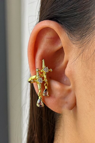 TAKIŞTIR Altın Renk Yıldız Figürlü Taş Detaylı 14K Altın Kaplama TX Ear Cuff ...