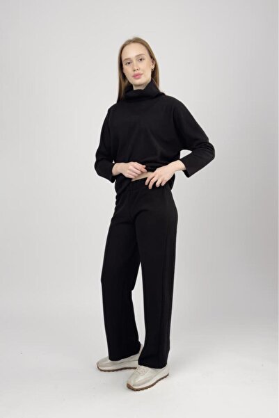 Betimoda Women's High Neck Knit Sweater Pants Set Black