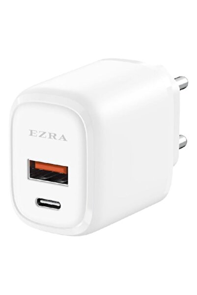 EZRA QC+PD 20W mains charger, 2 USB-A & USB-C outputs, Fast Charge 5V/3A 9V/2A 12V/1.5A, EU plug,