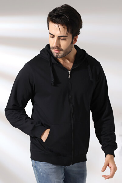 RANESA Ανδρικό μαύρο φούτερ με κουκούλα με φερμουάρ επένδυση fleece κορδόνια
