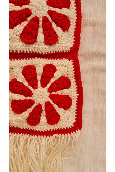 EHF LifeStyle RETRO ÇİÇEK EL ÖRGÜSÜ KIRMIZI BEYAZ MOTİF ATKI