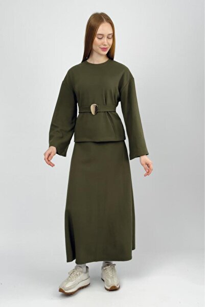 Betimoda Women's Corded Fabric Half Fisherman Belted Skirt Suit Khaki