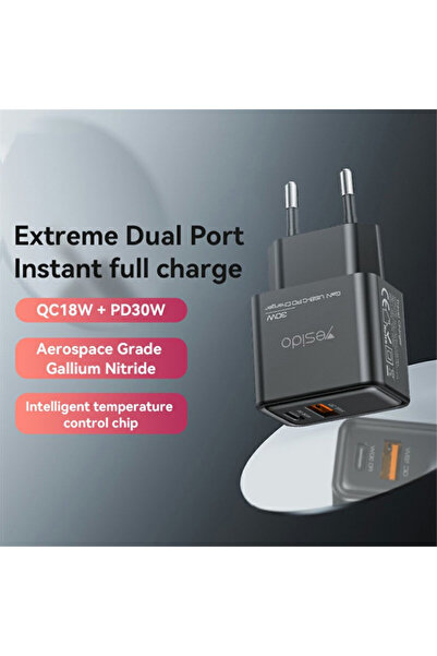 Yesido Fast Charging Wall Charger Type-C + USB-A YC64, black