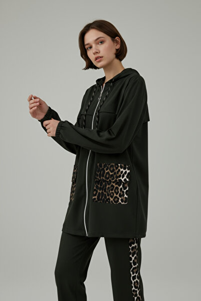 NEWCO Leopard Pocket and Striped Detail Hooded Zippered Double Bottom Top Set