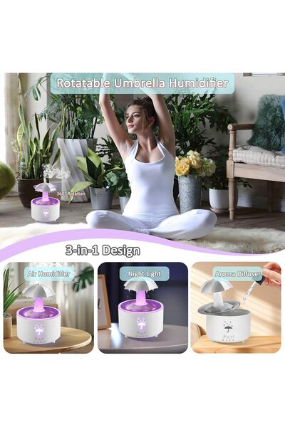 Generic Humidifier for Bedroom, Rotating Umbrella Diffuser with Rain Drop Effect, 7-Color LED, 300ML, White