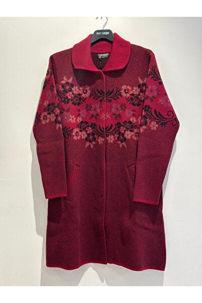 Desen Triko Women's Peter Pan collar Ivy Floral Long Wool Coat Burgundy