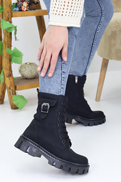 Emax Kadın Bağcıklı Fermuarlı Cepli Tokalı Kalın Taban Postal Bot Kışlık Su Geçirmez 501