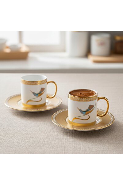 FAIR HOME Starling White Gold Color Bird Figured Porcelain Coffee Cup Set for 6 People - 90 Ml.
