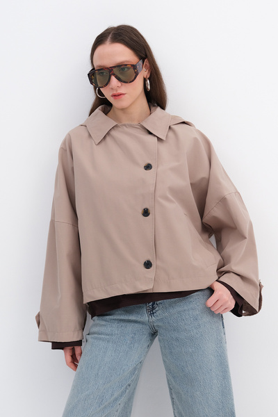 Addax Kapüşonlu Düğmeli Kısa Trençkot TR7655