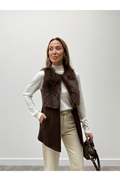 Lady Pixie Дамска кашмирена жилетка с кожени детайли