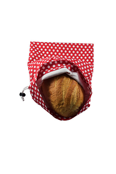 VeraGreen Padded bag for bread 2 kg, linen, with drawstring and stopper, rosu cu buline, size M