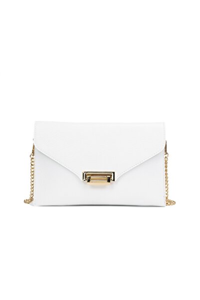 Posete Fagaras Mara Leather Purse - White, 3 Compartments, 1 Pocket, Non-Adjustable Chain Strap 110 cm