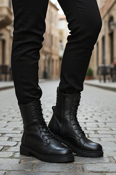 AYAKMOD حذاء نسائي أسود من الجلد الطبيعي بسحاب بريميوم 52682-1 Z