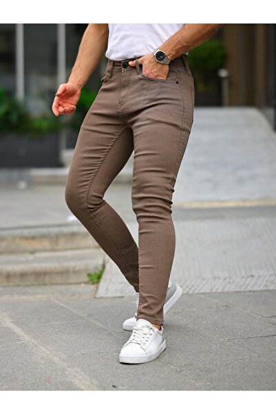 comstar Erkek Jeans Slim Fit Esnek Denim Kahve Kot Pantolon